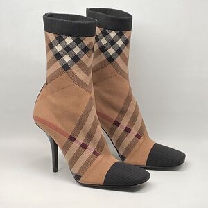 Burberry Dolman Square Toe Check Print Heel Booties size 37.5